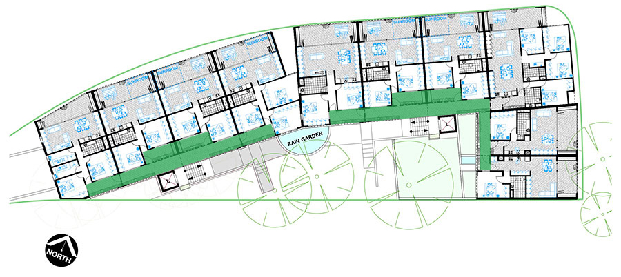 Outdoor corridors in Spacecraft Architects’ design (highlighted in green) act as a buffer between the quiet bedroom zones and the noisy common courtyard. Image source: Spacecraft Architects