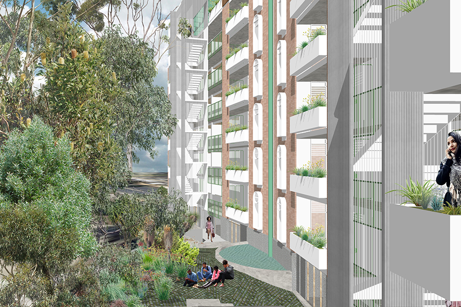 Communal gardens and green terraces provide children with easy access to nature. Image source: Spacecraft Architects