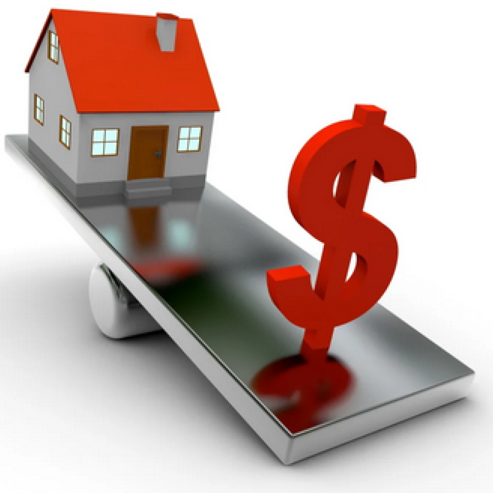 House on scales tipped by a dollar sign
