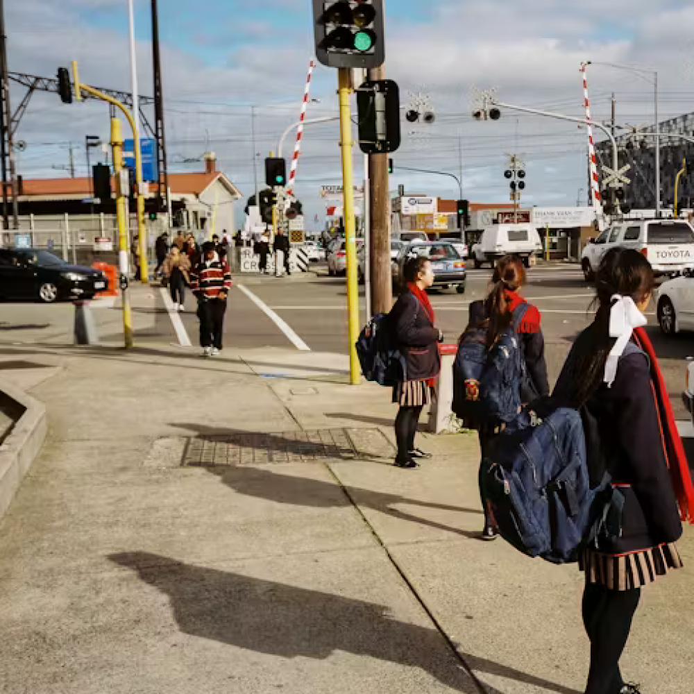 School children crossing the road