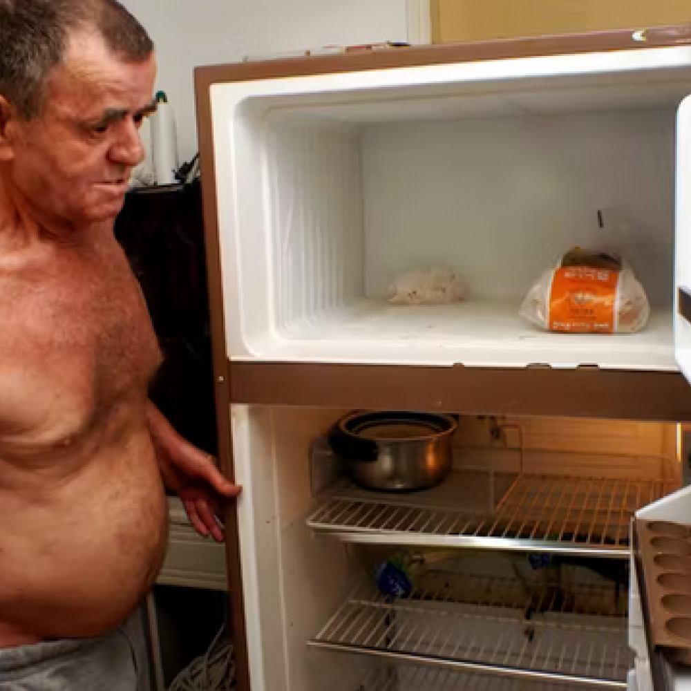 Old man with an empty fridge