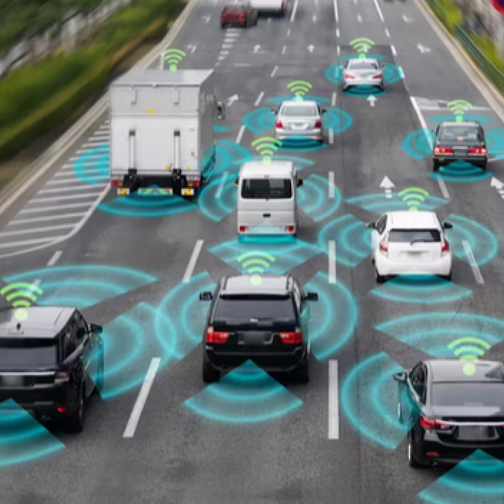 Graphic depicting self driving cars with sensors