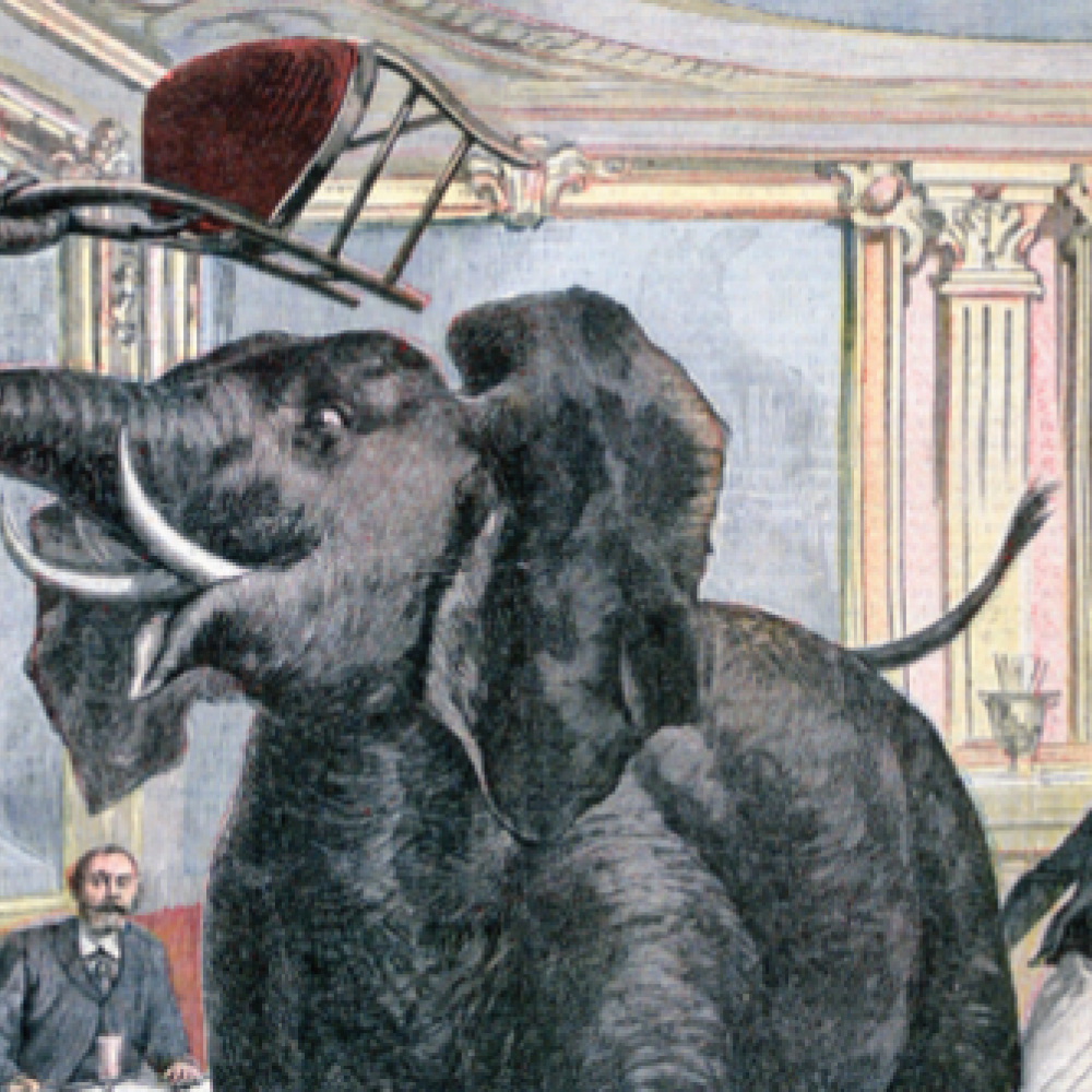 Painting of an elephant throwing a chair in a resteraunt