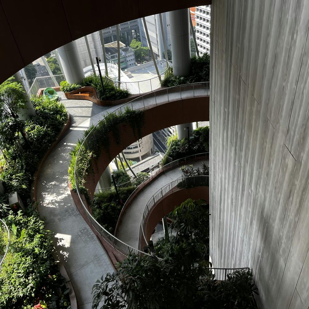 Lush green walking path up a bulding